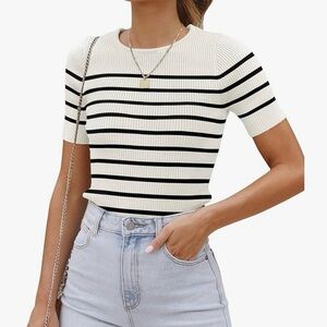 XL Women's Striped Ribbed Top - White and Black-NWT